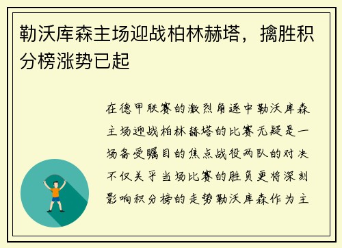 勒沃库森主场迎战柏林赫塔，擒胜积分榜涨势已起
